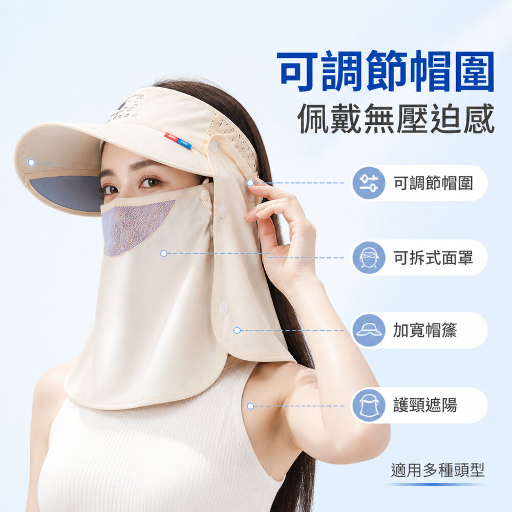 可拆卸遮臉護頸空頂帽 可拆卸防曬面罩帽 UPF50+ 遮臉防曬空頂帽 夏日防曬必備 護頸遮陽帽 送禮-圖片-5