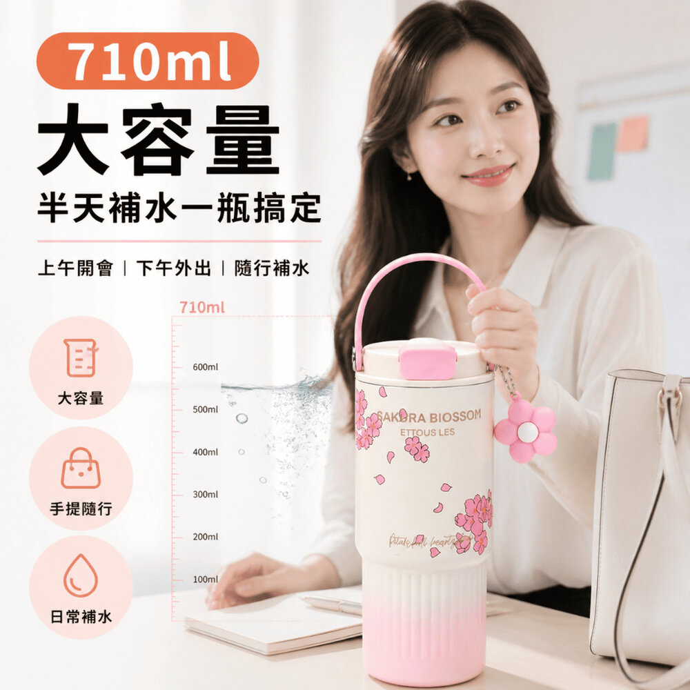 316不銹鋼陶瓷內膽冰壩杯 大容量710ml 車用吸管杯 女生手提水壺 高顏值隨行杯 送禮-圖片-3