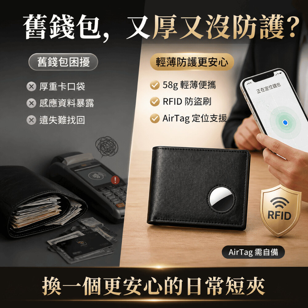 真皮防丟防盜刷錢包 -AIRTAG需自備 定位錢夾 RFID 防盜刷 真皮輕薄 短款男士錢包 送禮-圖片-1