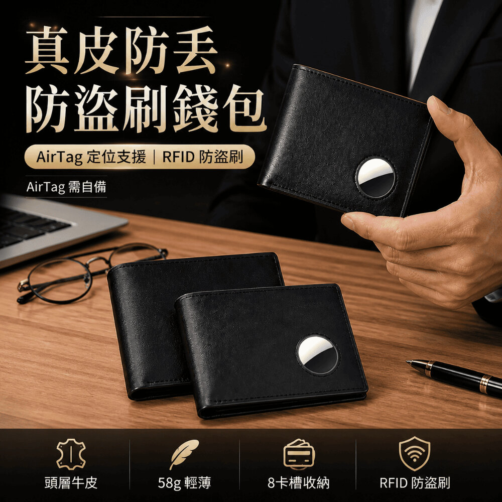 260610-00001-真皮防丟防盜刷錢包 -AIRTAG需自備 定位錢夾 RFID 防盜刷 真皮輕薄  短款男士錢包 送禮