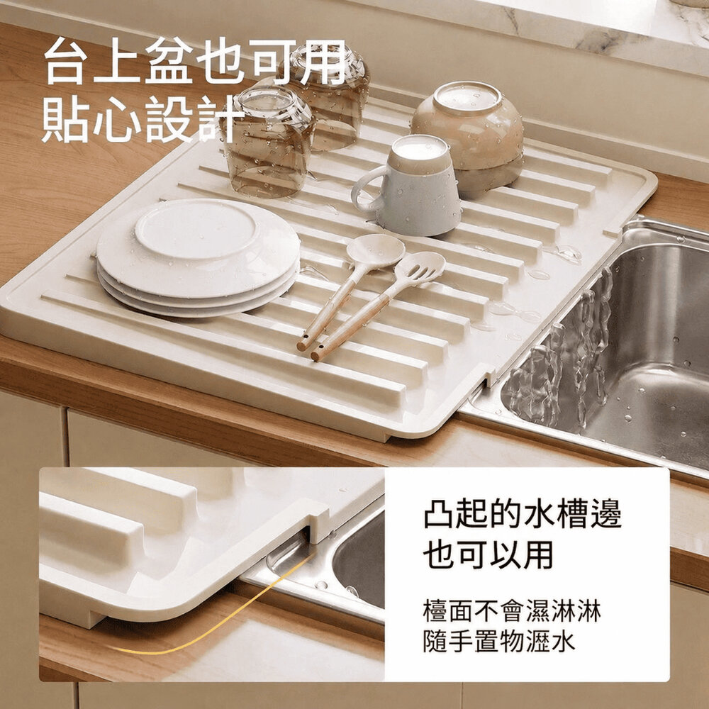 廚房瀝水晾乾托盤 廚房斜坡矽膠瀝水墊 加大加厚碗碟乾燥架 排水控乾置物墊 送禮-圖片-3