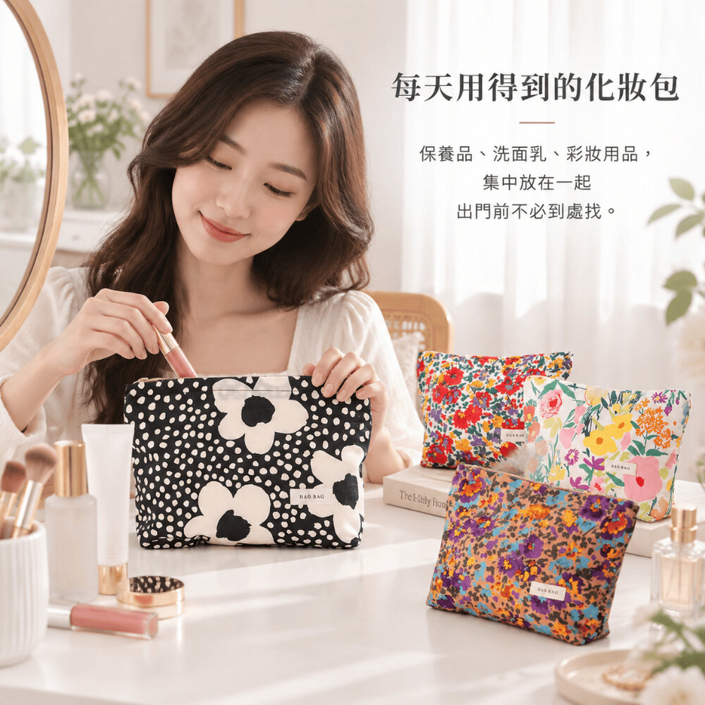 小清新花卉內膽化妝包 提花色織化妝包 26×18cm 保養品收納包 日常用品收納 送禮-圖片-3