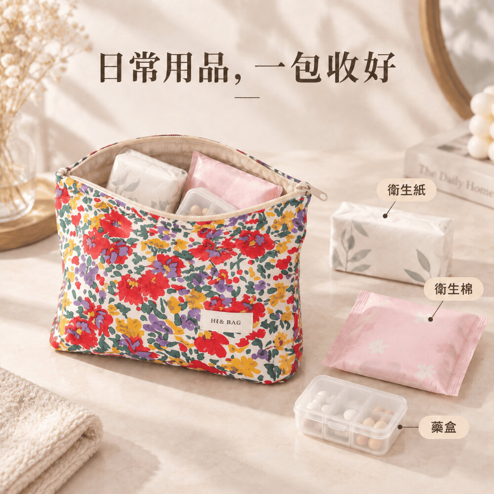 小清新花卉內膽化妝包 提花色織化妝包 26×18cm 保養品收納包 日常用品收納 送禮-圖片-4
