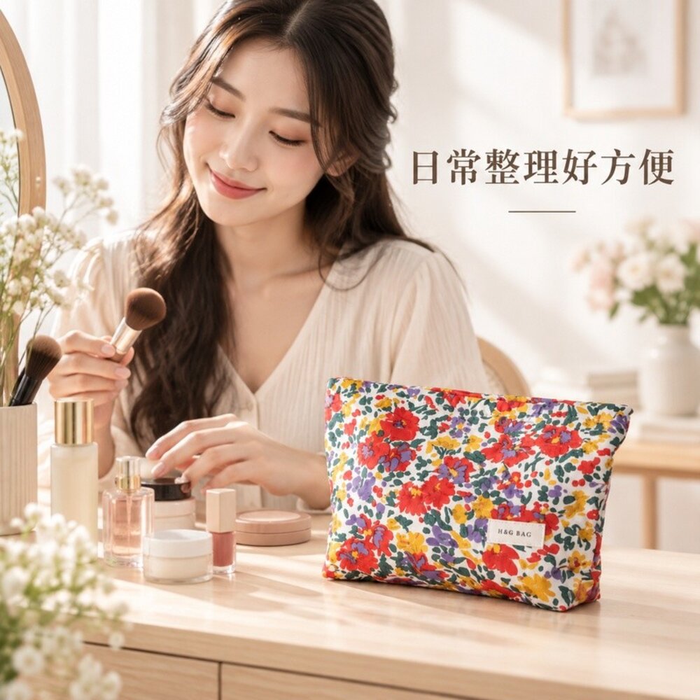 小清新花卉內膽化妝包 提花色織化妝包 26×18cm 保養品收納包 日常用品收納 送禮-圖片-5