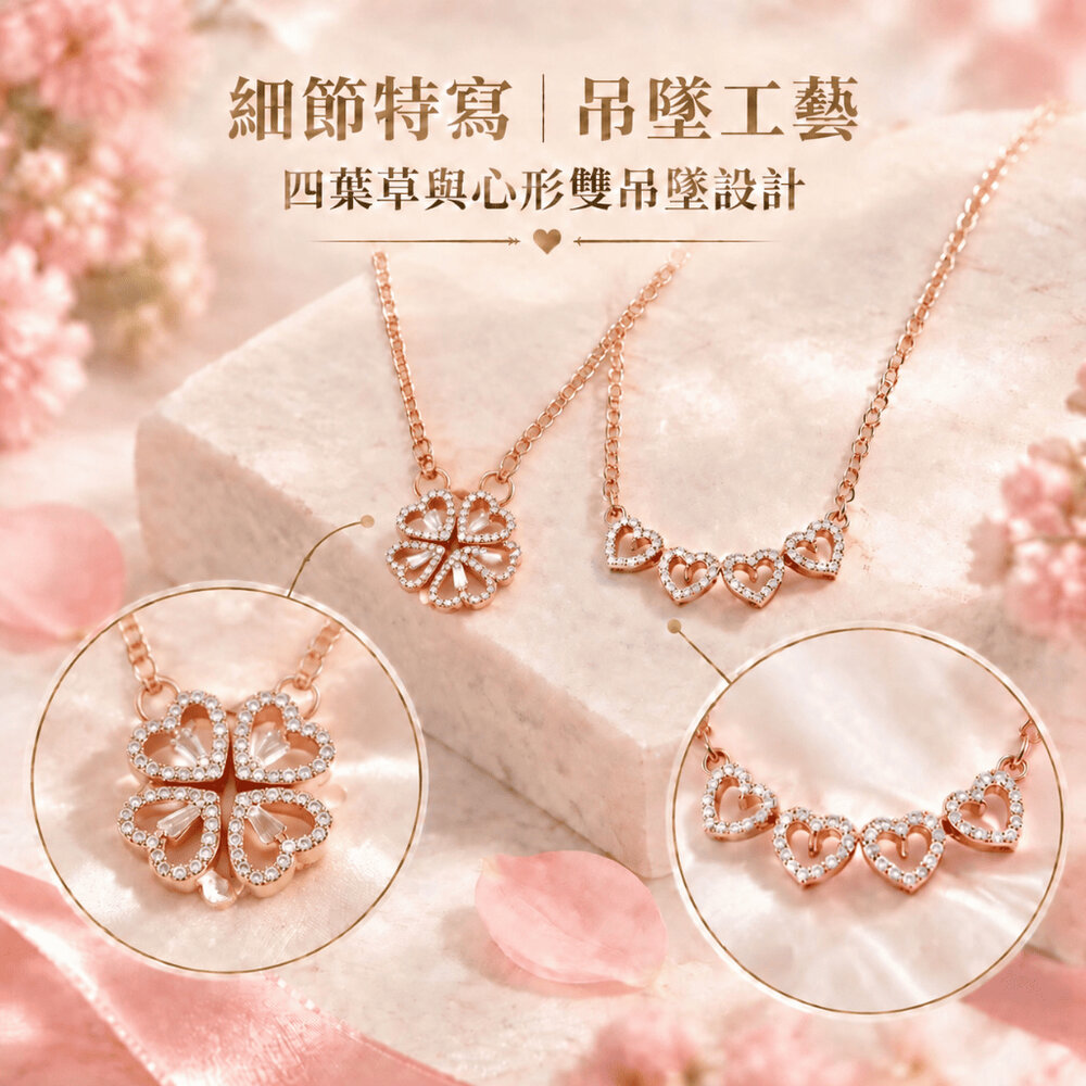 心動四葉草吊墜套裝禮盒 創意變形項鍊 一款兩戴 折疊項鍊 愛心吊墜 附卡片 送禮-圖片-8