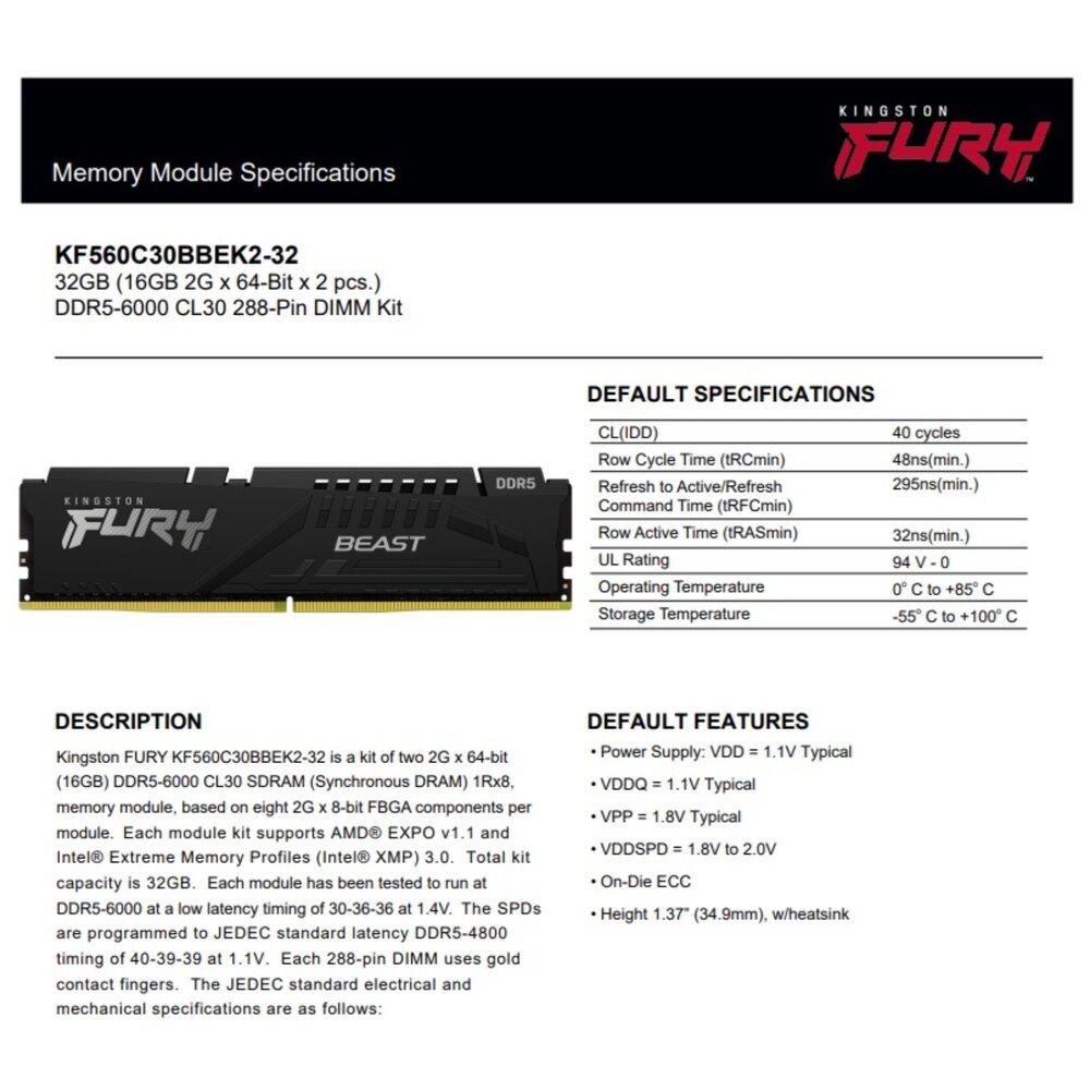 【KF560C30BBEK2-32】 金士頓 16GB x2 DDR5-6000 FURY 桌上型 記憶體-圖片-1