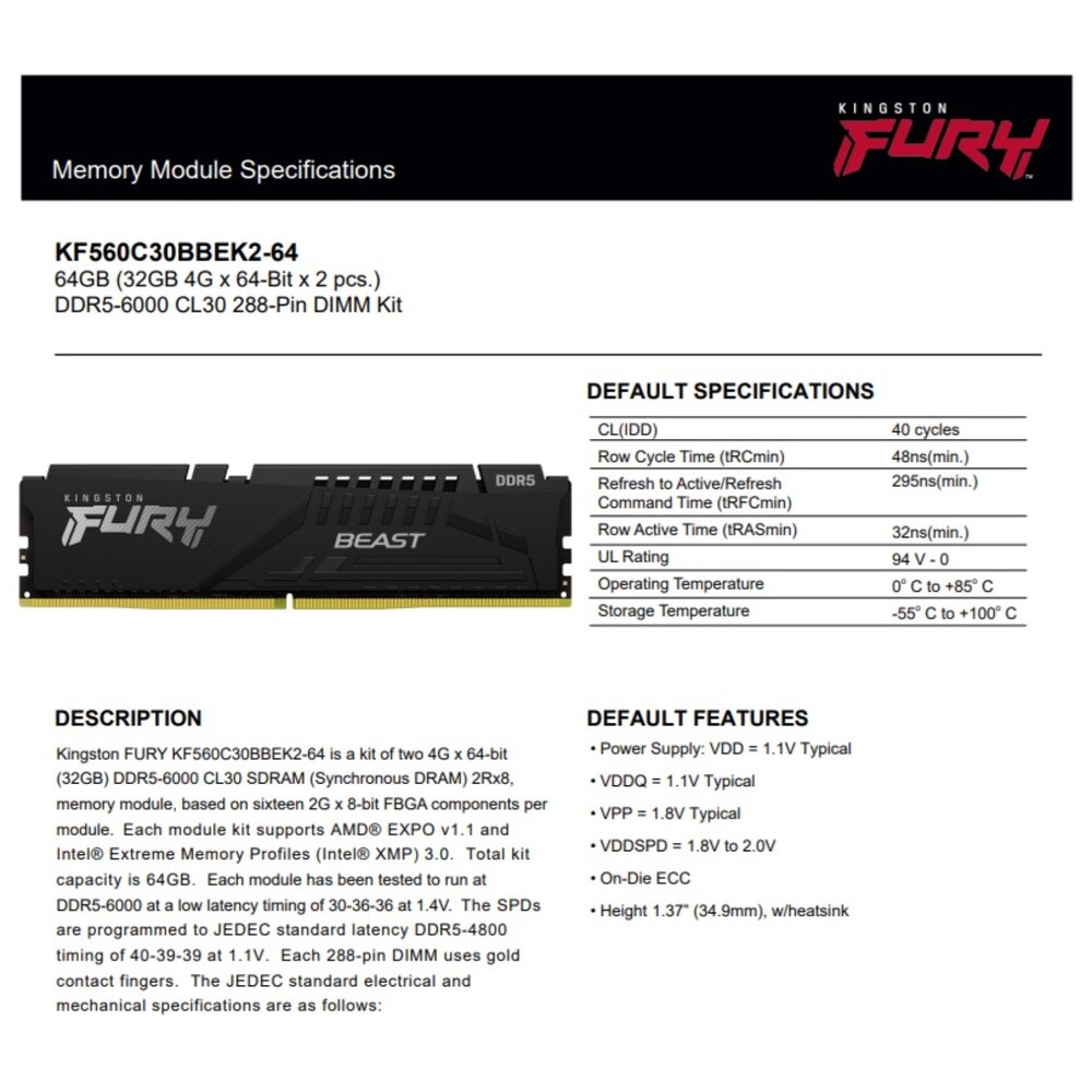 【KF560C30BBEK2-64】 金士頓 32GB x2 DDR5-6000 FURY 桌上型 記憶體-圖片-1