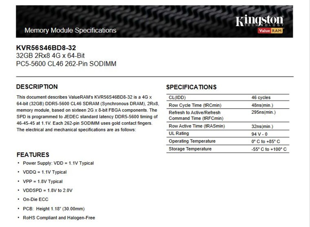 【KVR56S46BD8-32】 金士頓 32GB DDR5-5600 SO-DIMM 筆記型 記憶體-圖片-2