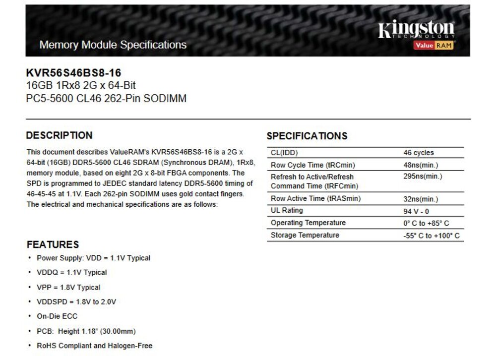 【KVR56S46BS8-16】 金士頓 16GB DDR5-5600 SO-DIMM 筆記型 記憶體-圖片-2