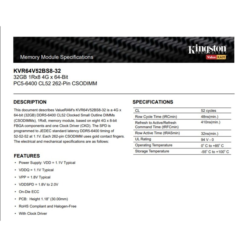 【KVR64V52BS8-32】 金士頓 32GB DDR5-6400 SO-DIMM 筆記型 記憶體-圖片-1