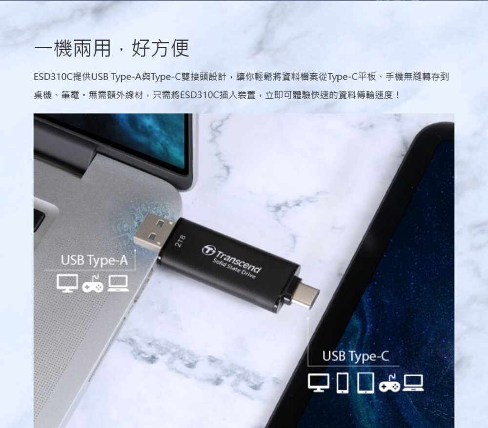 【TS256GESD310C】 創見 256GB ESD310C 超迷你 行動固態硬碟 雙介面設計 5年保固-圖片-2