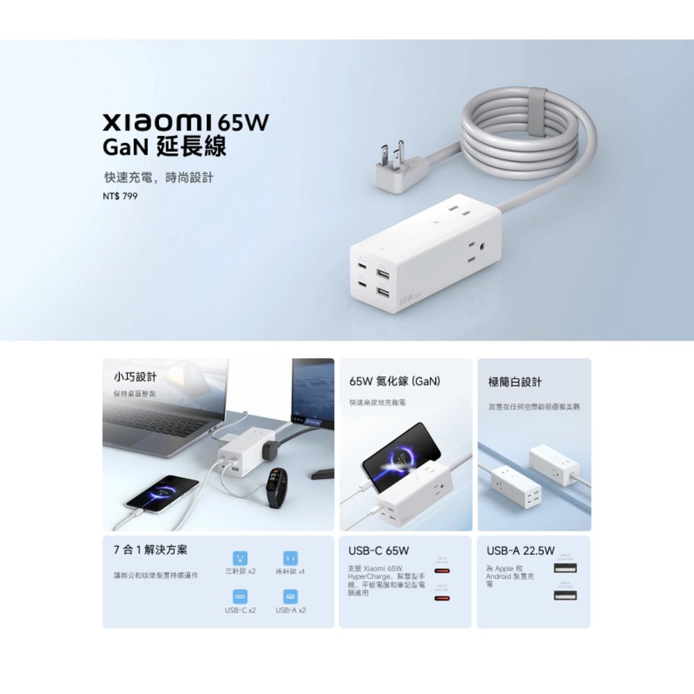 XMCDZ01US-【XMCDZ01US】 小米 Xiaomi 65W GaN 延長線 充電器 快速充電 時尚設計