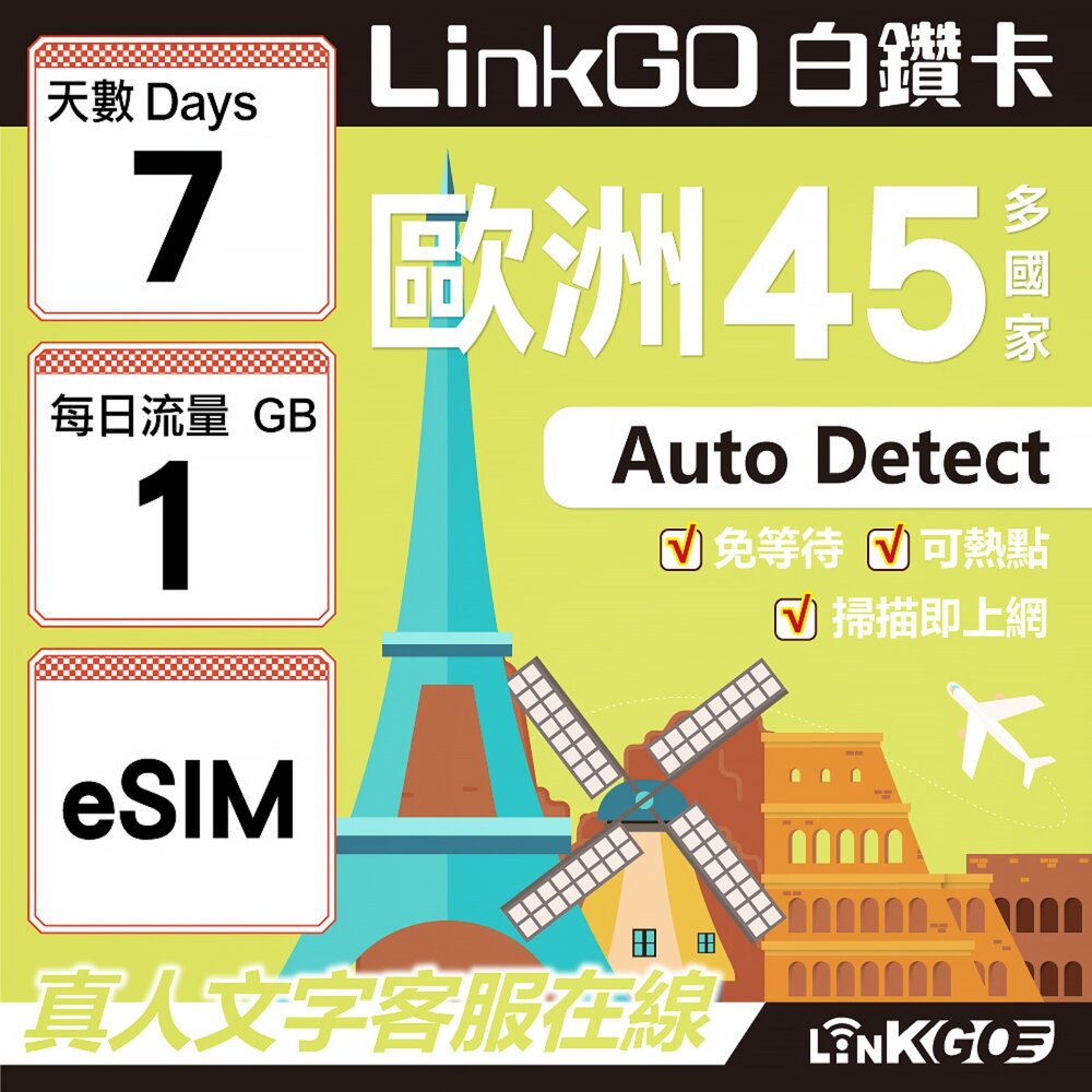 00080007-【LINKGO】白鑽卡 歐洲45國 eSIM卡 7天上網卡 每日1GB (歐洲網卡 西班牙 德國 奧地利 英國)