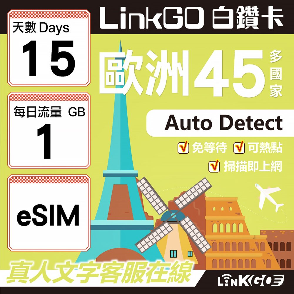 00080015-【LINKGO】白鑽卡 歐洲45國 eSIM卡 15天上網卡 每日1GB (歐洲網卡 西班牙 德國 奧地利 英國)