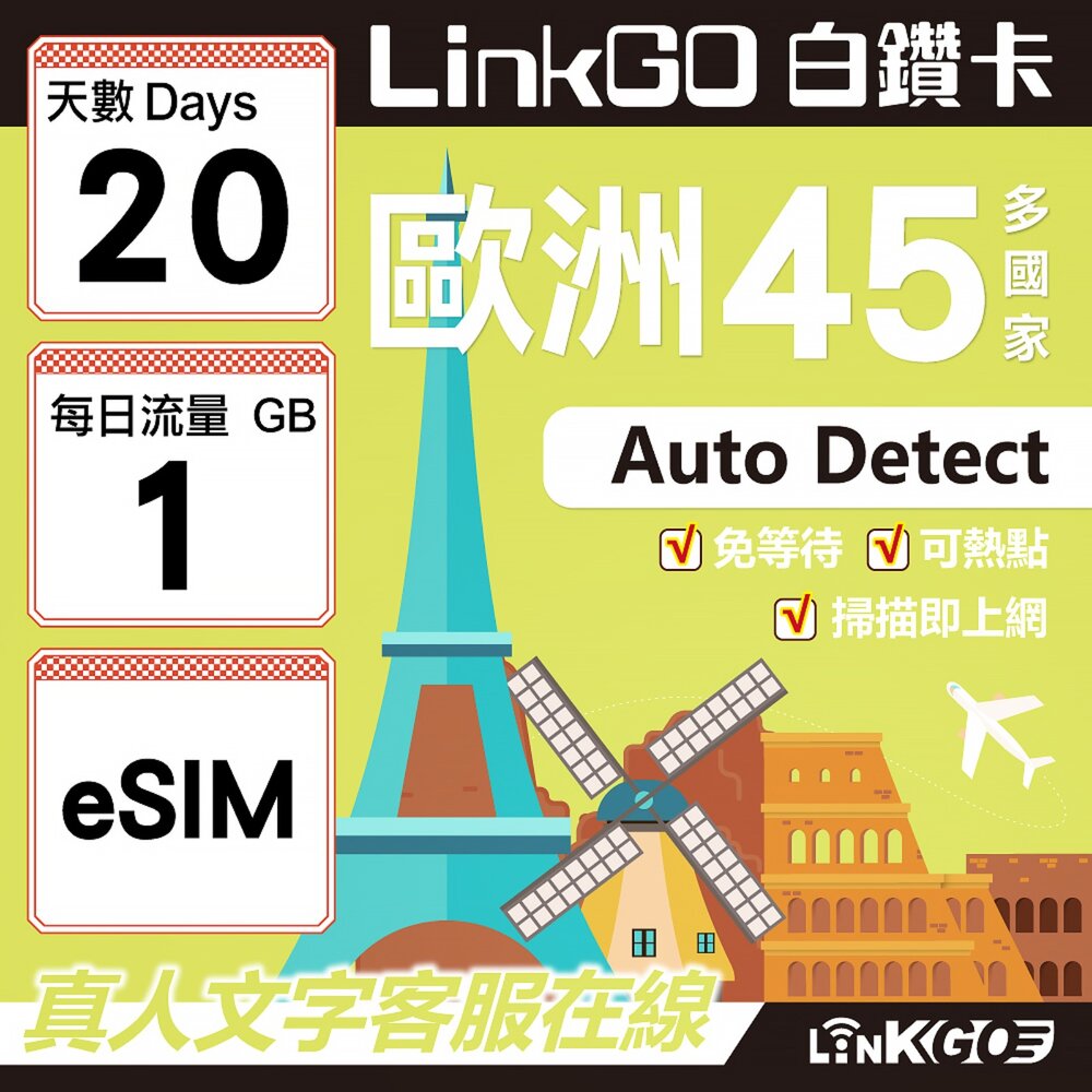 00080020-【LINKGO】白鑽卡 歐洲45國 eSIM卡 20天上網卡 每日1GB (歐洲網卡 西班牙 德國 奧地利 英國)