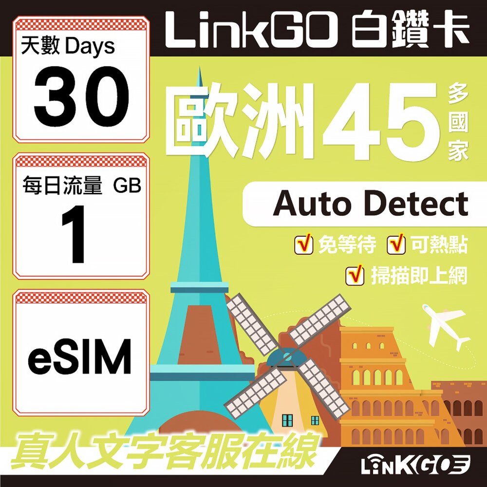 00080030-【LINKGO】白鑽卡 歐洲45國 eSIM卡 30天上網卡 每日1GB (歐洲網卡 西班牙 德國 奧地利 英國)