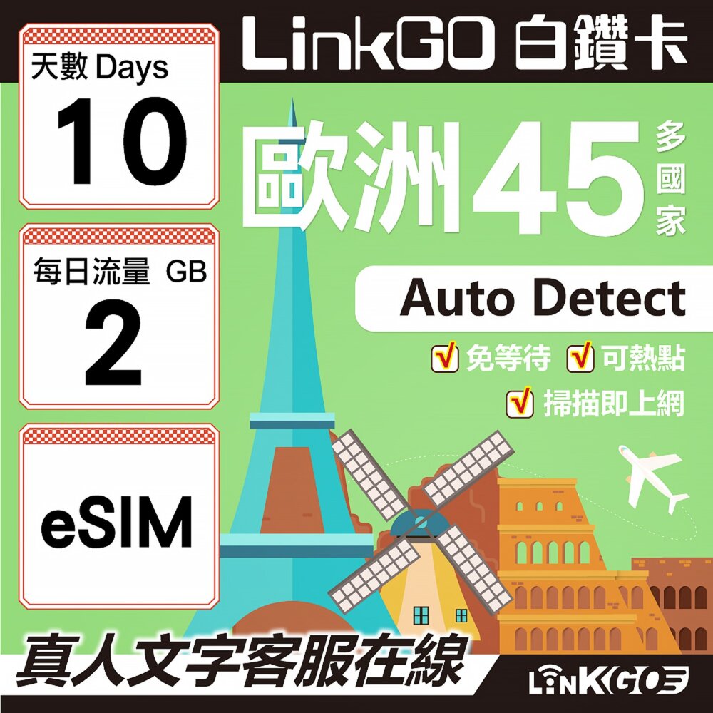 00090010-【LINKGO】白鑽卡 歐洲45國 eSIM卡 10天上網卡 每日2GB (歐洲網卡 西班牙 德國 奧地利 英國)