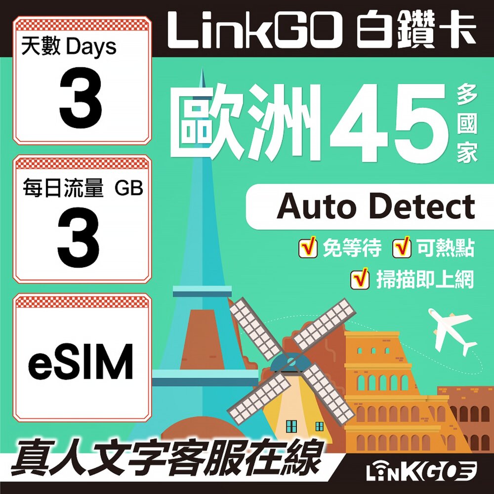 00100003-【LINKGO】白鑽卡 歐洲45國 eSIM卡 3天上網卡 每日3GB (歐洲網卡 西班牙 德國 奧地利 英國)