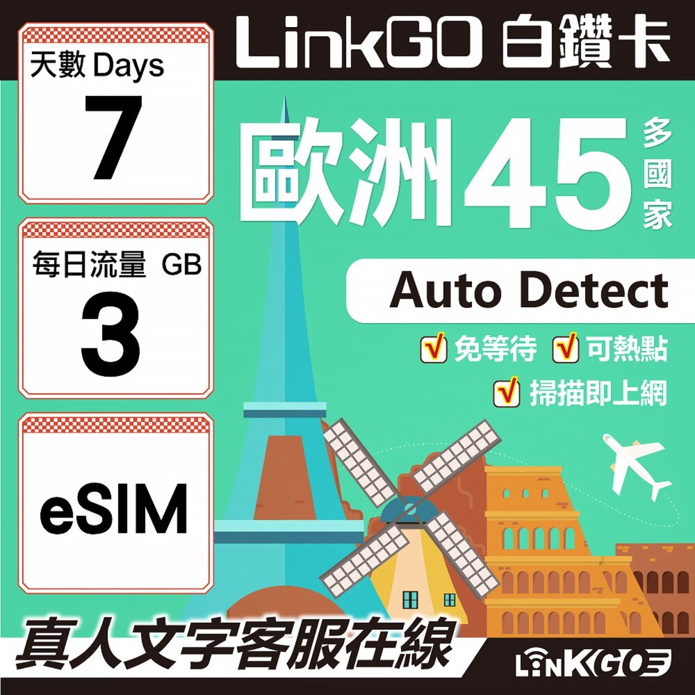 00100007-【LINKGO】白鑽卡 歐洲45國 eSIM卡 7天上網卡 每日3GB (歐洲網卡 西班牙 德國 奧地利 英國)