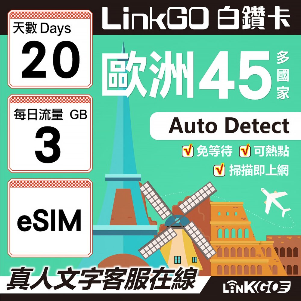 00100020-【LINKGO】白鑽卡 歐洲45國 eSIM卡 20天上網卡 每日3GB (歐洲網卡 西班牙 德國 奧地利 英國)