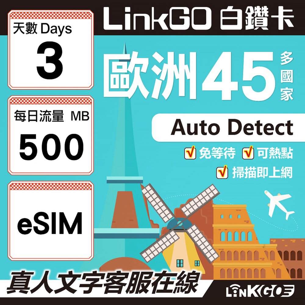 00110003-【LINKGO】白鑽卡 歐洲45國 eSIM卡 3天上網卡 每日500MB (歐洲網卡 西班牙 德國 奧地利 英國)