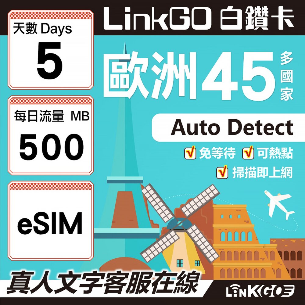 00110005-【LINKGO】白鑽卡 歐洲45國 eSIM卡 5天上網卡 每日500MB (歐洲網卡 西班牙 德國 奧地利 英國)