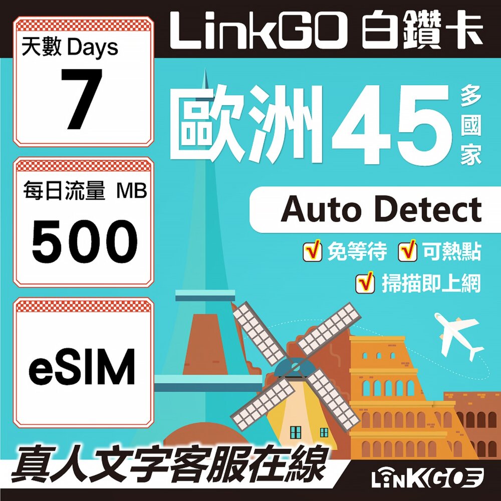 00110007-【LINKGO】白鑽卡 歐洲45國 eSIM卡 7天上網卡 每日500MB (歐洲網卡 西班牙 德國 奧地利 英國)