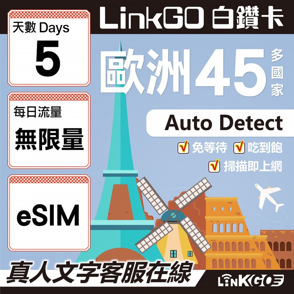 00120005-【LINKGO】白鑽卡 歐洲45國 eSIM卡 5天上網卡 無限流量吃到飽不降速 (歐洲網卡 西班牙 德國 奧地利 英國