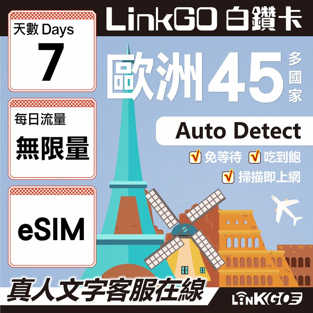 00120007-【LINKGO】白鑽卡 歐洲45國 eSIM卡 7天上網卡 無限流量吃到飽不降速 (歐洲網卡 西班牙 德國 奧地利 英國