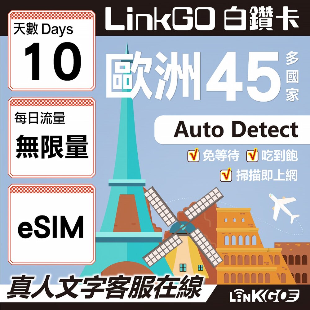 00120010-【LINKGO】白鑽卡 歐洲45國 eSIM卡 10天上網卡 無限流量吃到飽不降速 (歐洲網卡 西班牙 德國 奧地利 英