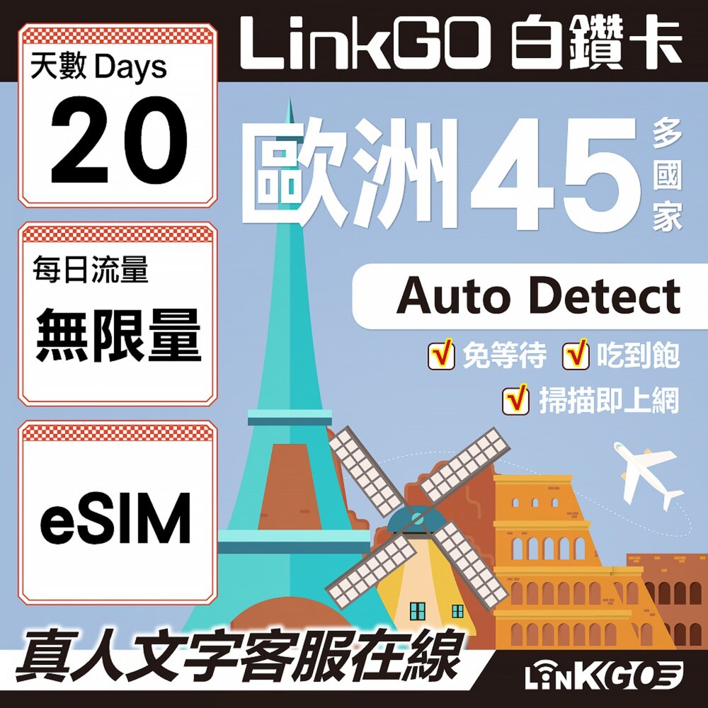 00120020-【LINKGO】白鑽卡 歐洲45國 eSIM卡 20天上網卡 無限流量吃到飽不降速 (歐洲網卡 西班牙 德國 奧地利 英