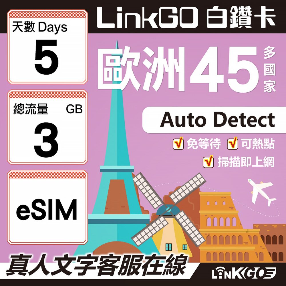 00130005-【LINKGO】白鑽卡 歐洲45國 eSIM卡 5天上網卡 總流量3GB (歐洲網卡 西班牙 德國 奧地利 英國)