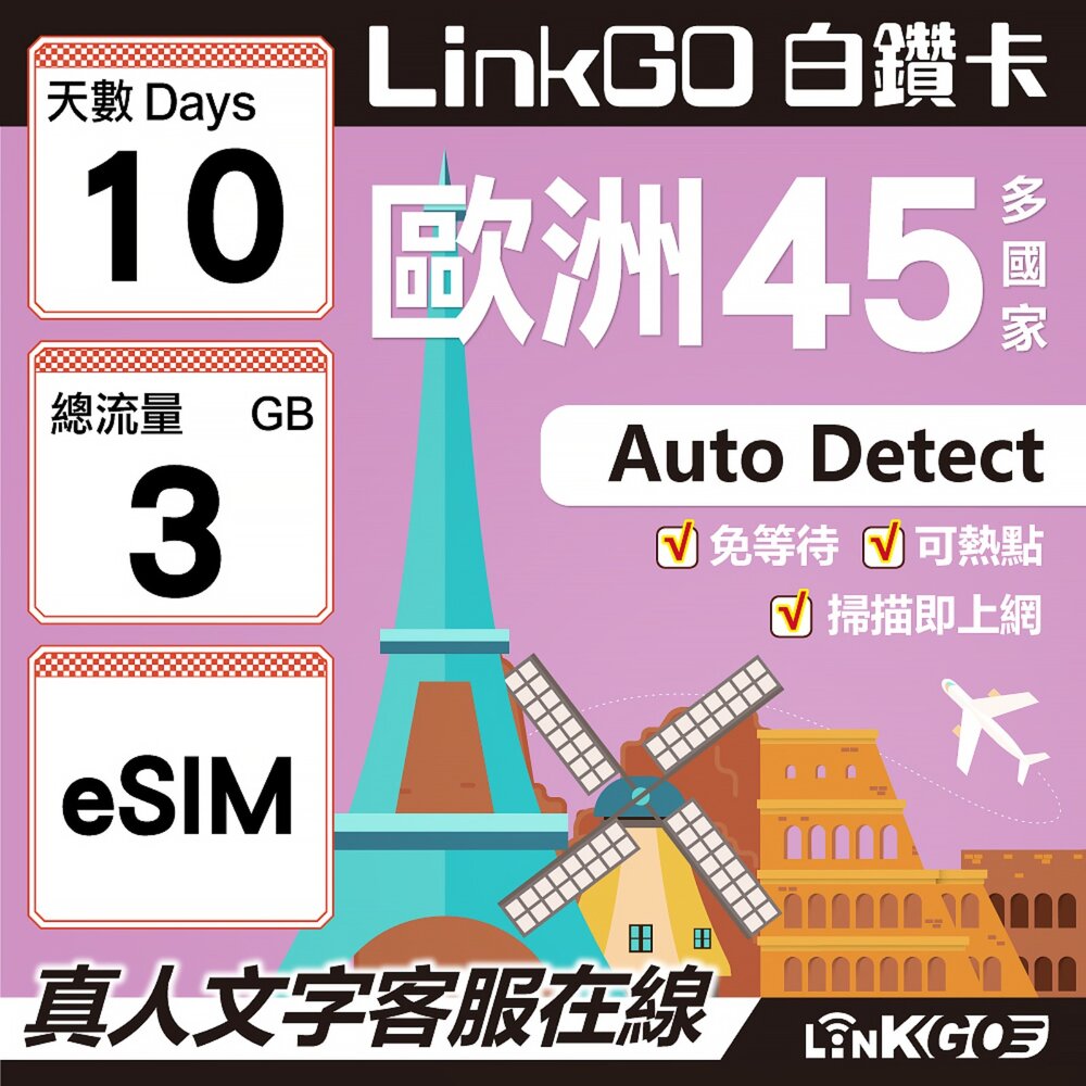 00130010-【LINKGO】白鑽卡 歐洲45國 eSIM卡 10天上網卡 總流量3GB (歐洲網卡 西班牙 德國 奧地利 英國)