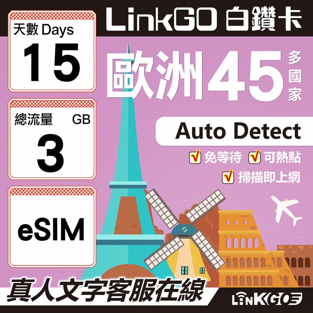 00130015-【LINKGO】白鑽卡 歐洲45國 eSIM卡 15天上網卡 總流量3GB (歐洲網卡 西班牙 德國 奧地利 英國)