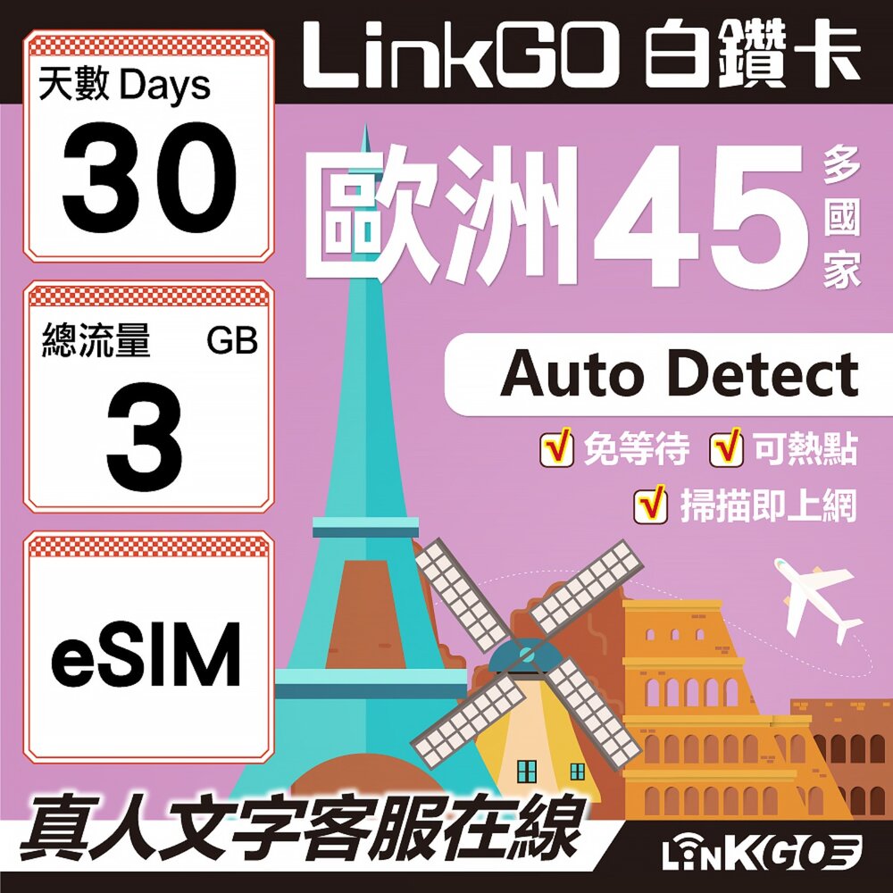 00130030-【LINKGO】白鑽卡 歐洲45國 eSIM卡 30天上網卡 總流量3GB (歐洲網卡 西班牙 德國 奧地利 英國)