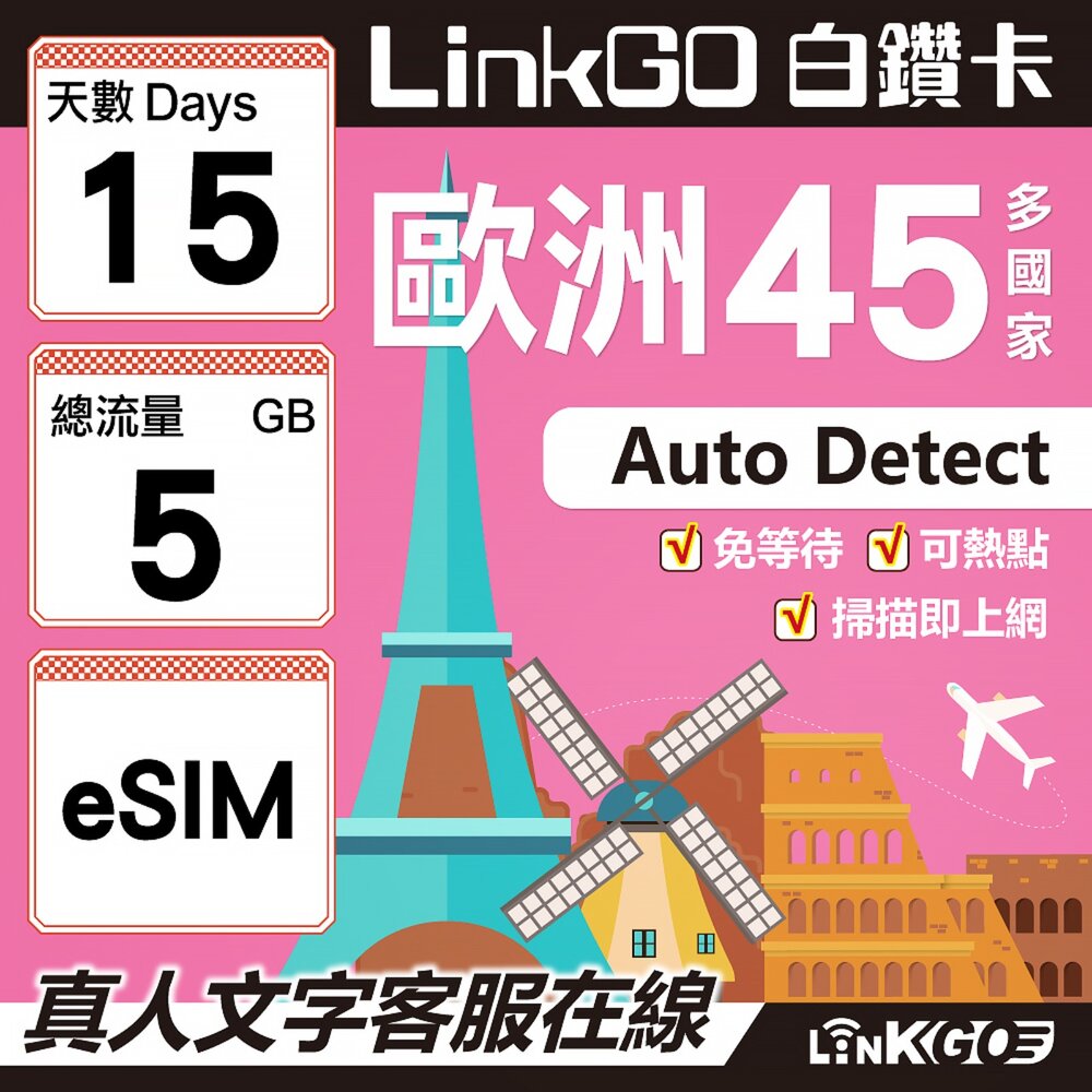 00140015-【LINKGO】白鑽卡 歐洲45國 eSIM卡 15天上網卡 總流量5GB (歐洲網卡 西班牙 德國 奧地利 英國)