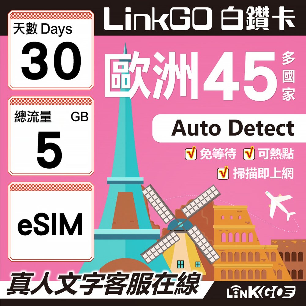 00140030-【LINKGO】白鑽卡 歐洲45國 eSIM卡 30天上網卡 總流量5GB (歐洲網卡 西班牙 德國 奧地利 英國)