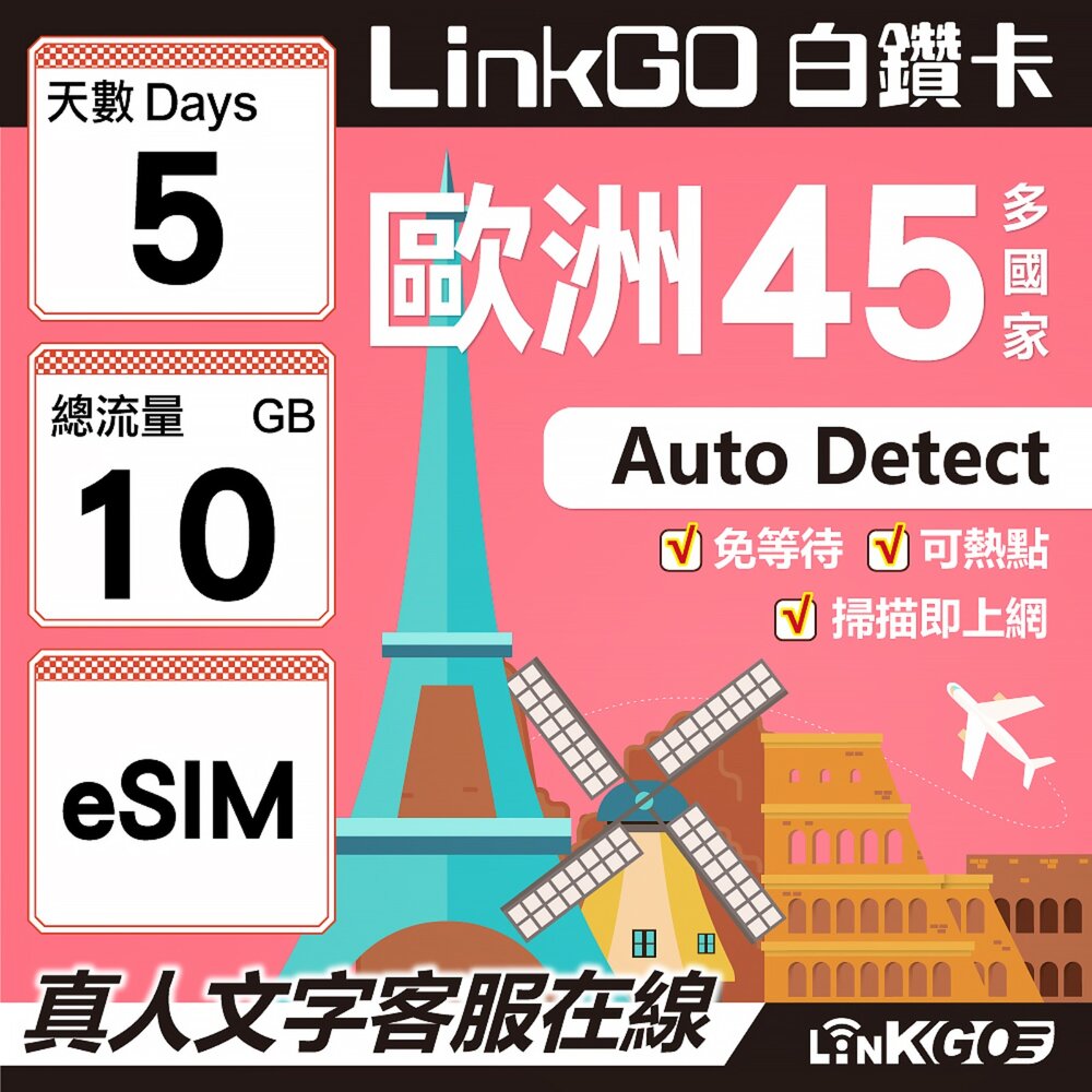 00150005-【LINKGO】白鑽卡 歐洲45國 eSIM卡 5天上網卡 總流量10GB (歐洲網卡 西班牙 德國 奧地利 英國)