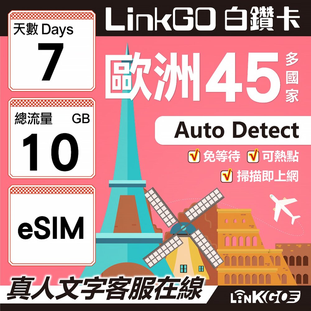 00150007-【LINKGO】白鑽卡 歐洲45國 eSIM卡 7天上網卡 總流量10GB (歐洲網卡 西班牙 德國 奧地利 英國)