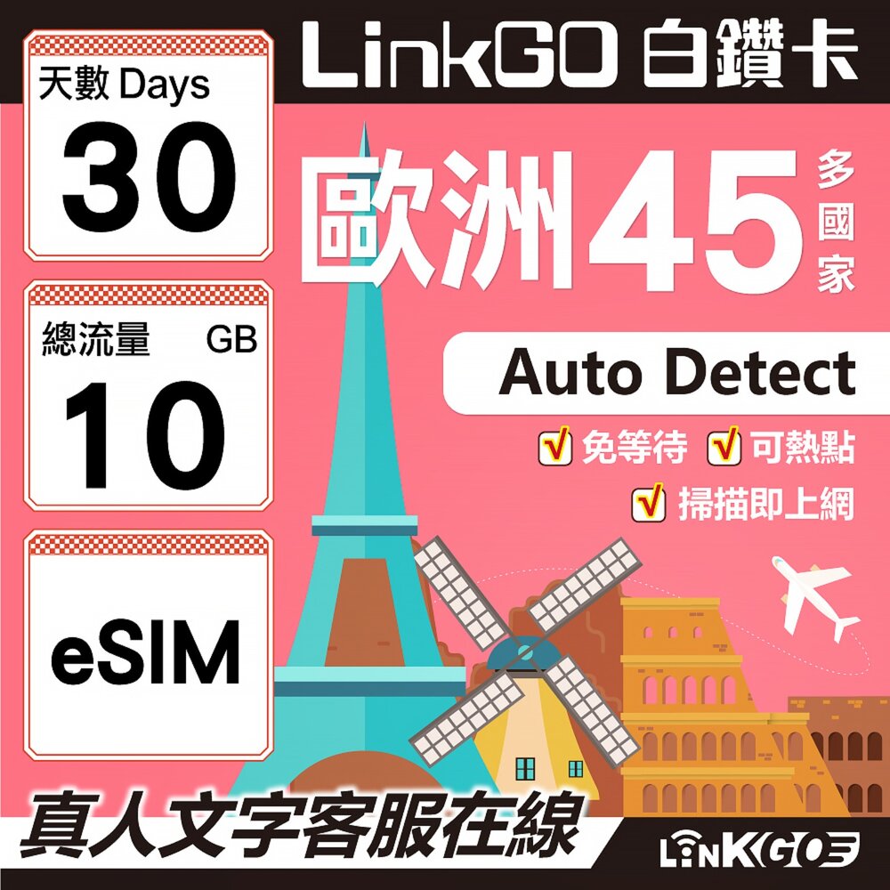 00150030-【LINKGO】白鑽卡 歐洲45國 eSIM卡 30天上網卡 總流量10GB (歐洲網卡 西班牙 德國 奧地利 英國)