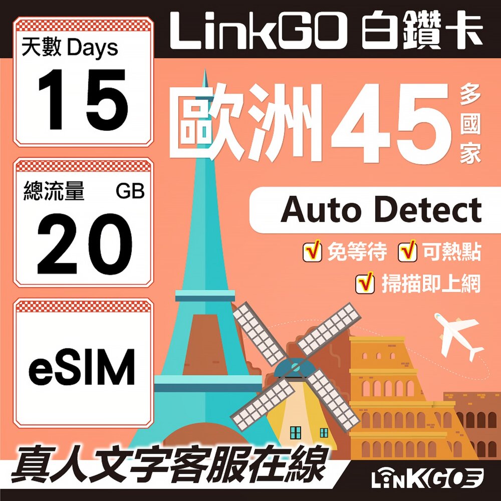 00160015-【LINKGO】白鑽卡 歐洲45國 eSIM卡 15天上網卡 總流量20GB (歐洲網卡 西班牙 德國 奧地利 英國)