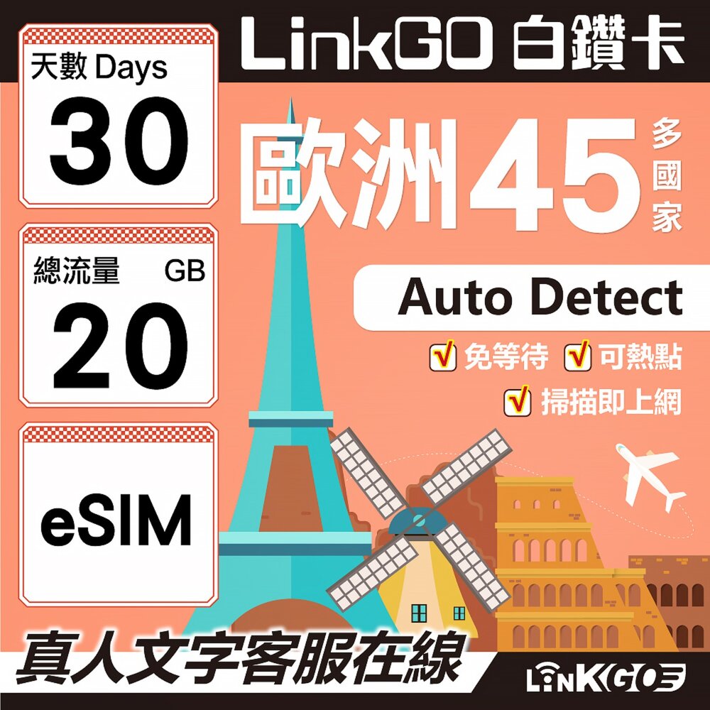 00160030-【LINKGO】白鑽卡 歐洲45國 eSIM卡 30天上網卡 總流量20GB (歐洲網卡 西班牙 德國 奧地利 英國)