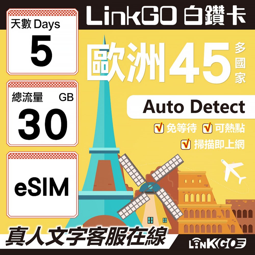 00170005-【LINKGO】白鑽卡 歐洲45國 eSIM卡 5天上網卡 總流量30GB (歐洲網卡 西班牙 德國 奧地利 英國)