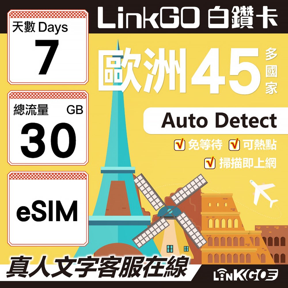 00170007-【LINKGO】白鑽卡 歐洲45國 eSIM卡 7天上網卡 總流量30GB (歐洲網卡 西班牙 德國 奧地利 英國)