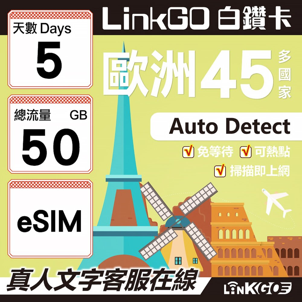 00180005-【LINKGO】白鑽卡 歐洲45國 eSIM卡 5天上網卡 總流量50GB (歐洲網卡 西班牙 德國 奧地利 英國)