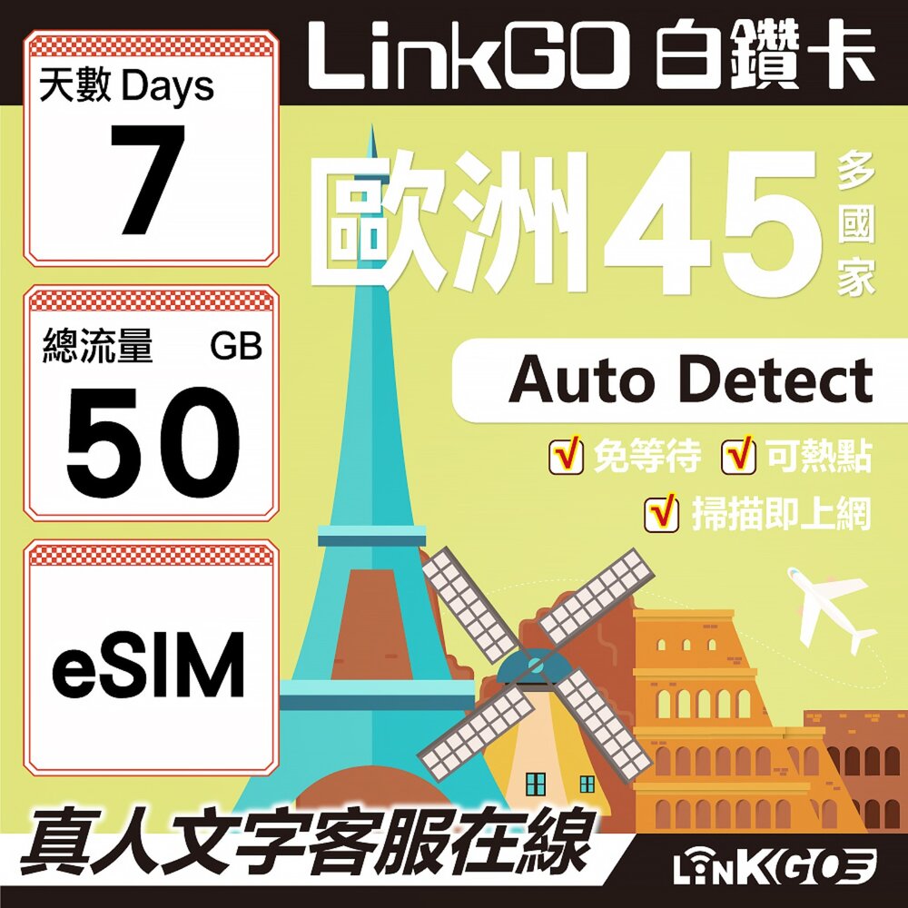 00180007-【LINKGO】白鑽卡 歐洲45國 eSIM卡 7天上網卡 總流量50GB (歐洲網卡 西班牙 德國 奧地利 英國)