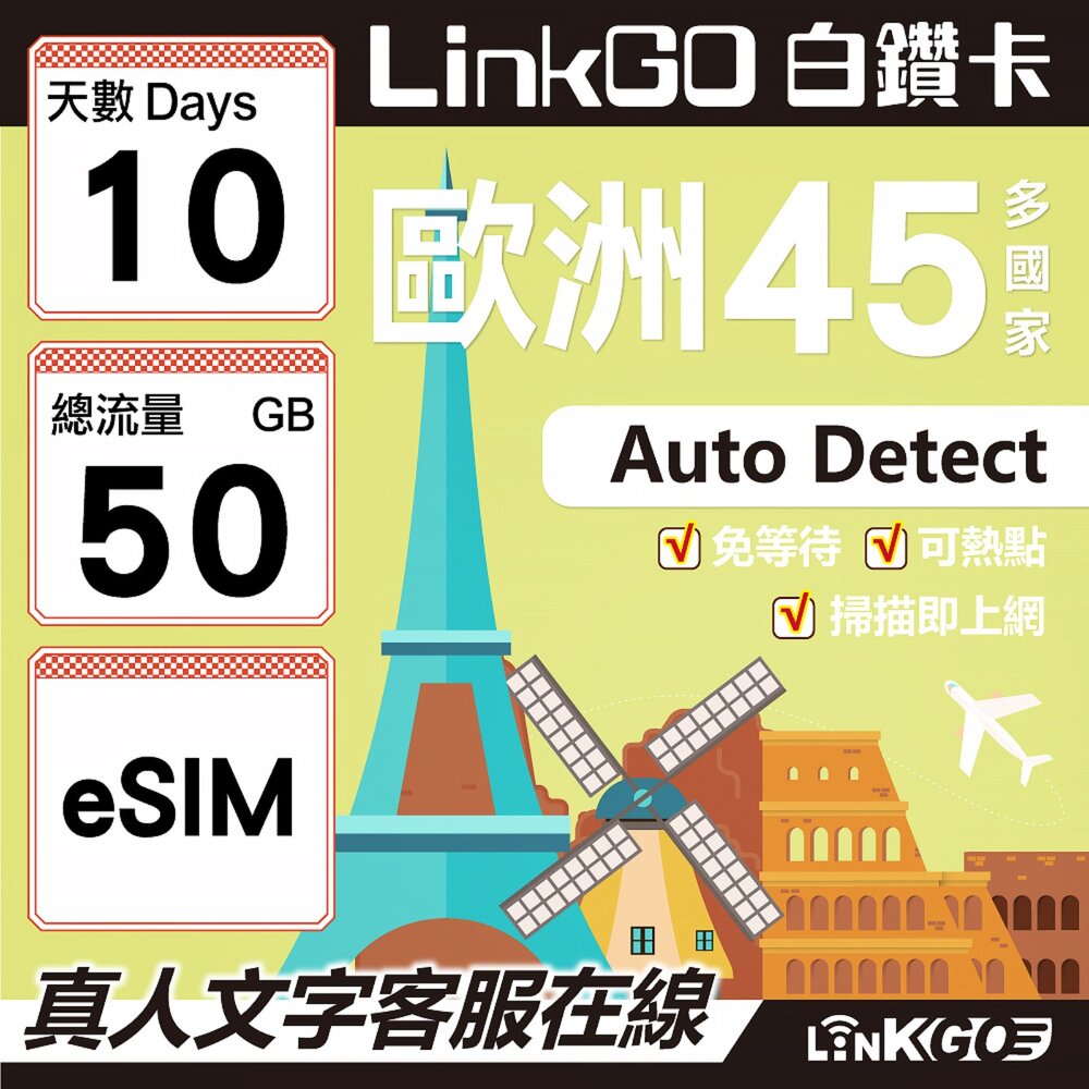 00180010-【LINKGO】白鑽卡 歐洲45國 eSIM卡10天上網卡 總流量50GB (歐洲網卡 西班牙 德國 奧地利 英國)