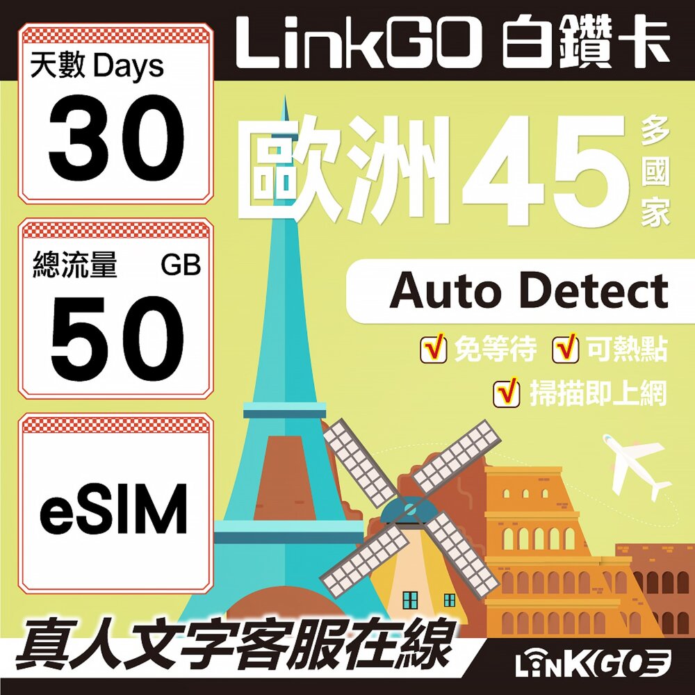 00180030-【LINKGO】白鑽卡 歐洲45國 eSIM卡 30天上網卡 總流量50GB (歐洲網卡 西班牙 德國 奧地利 英國)