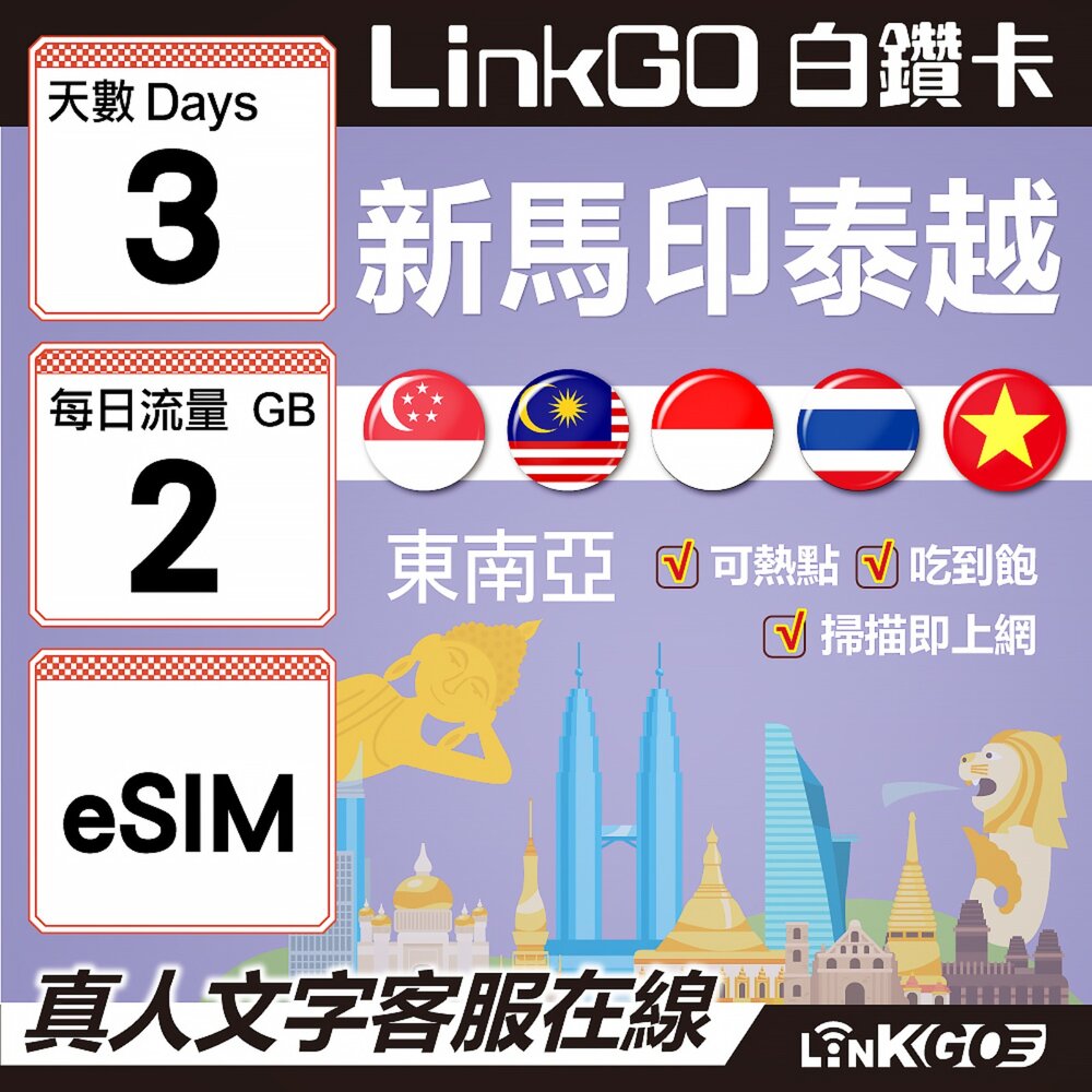 00210003-【LINKGO】白鑽卡 新馬印泰越 eSIM卡 3天上網 每日2GB 高速流量(東南亞網卡 新加坡 馬來西亞 泰國 印尼