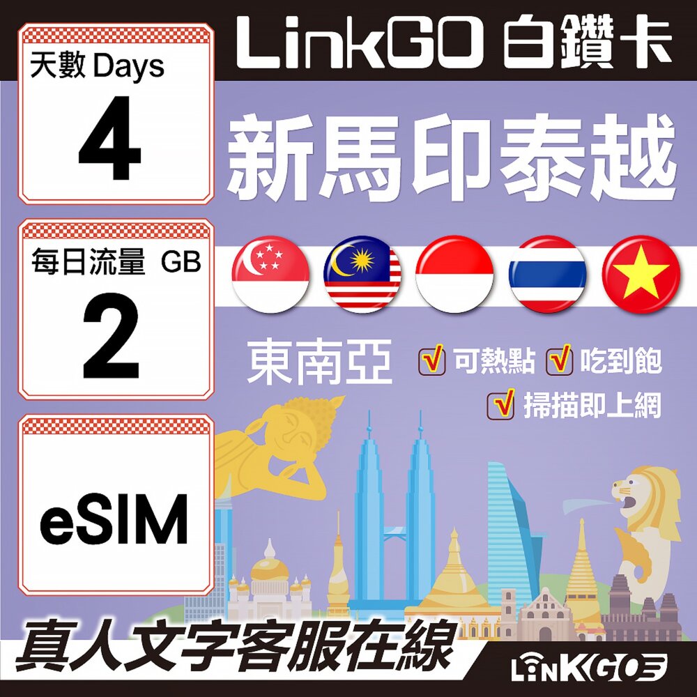 00210004-【LINKGO】白鑽卡 新馬印泰越 eSIM卡 4天上網 每日2GB 高速流量(東南亞網卡 新加坡 馬來西亞 泰國 印尼